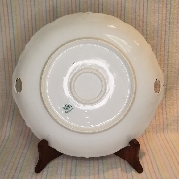 Antique JPF Germany Porcelain Gilded Cake Plate Double Handles Pink Magenta Teal - Picture 4 of 7